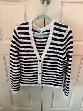 J. Crew Navy and White Striped V-Neck Cardigan